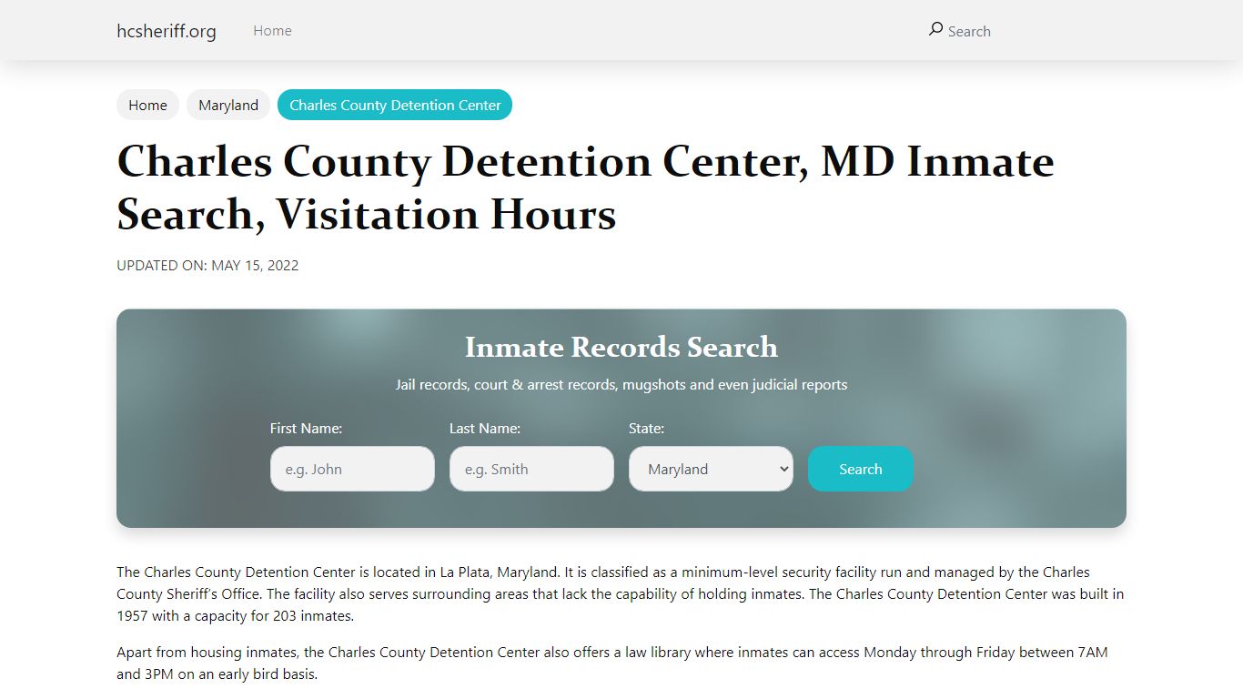 Charles County Detention Center, MD Inmate Search, Visitation Hours