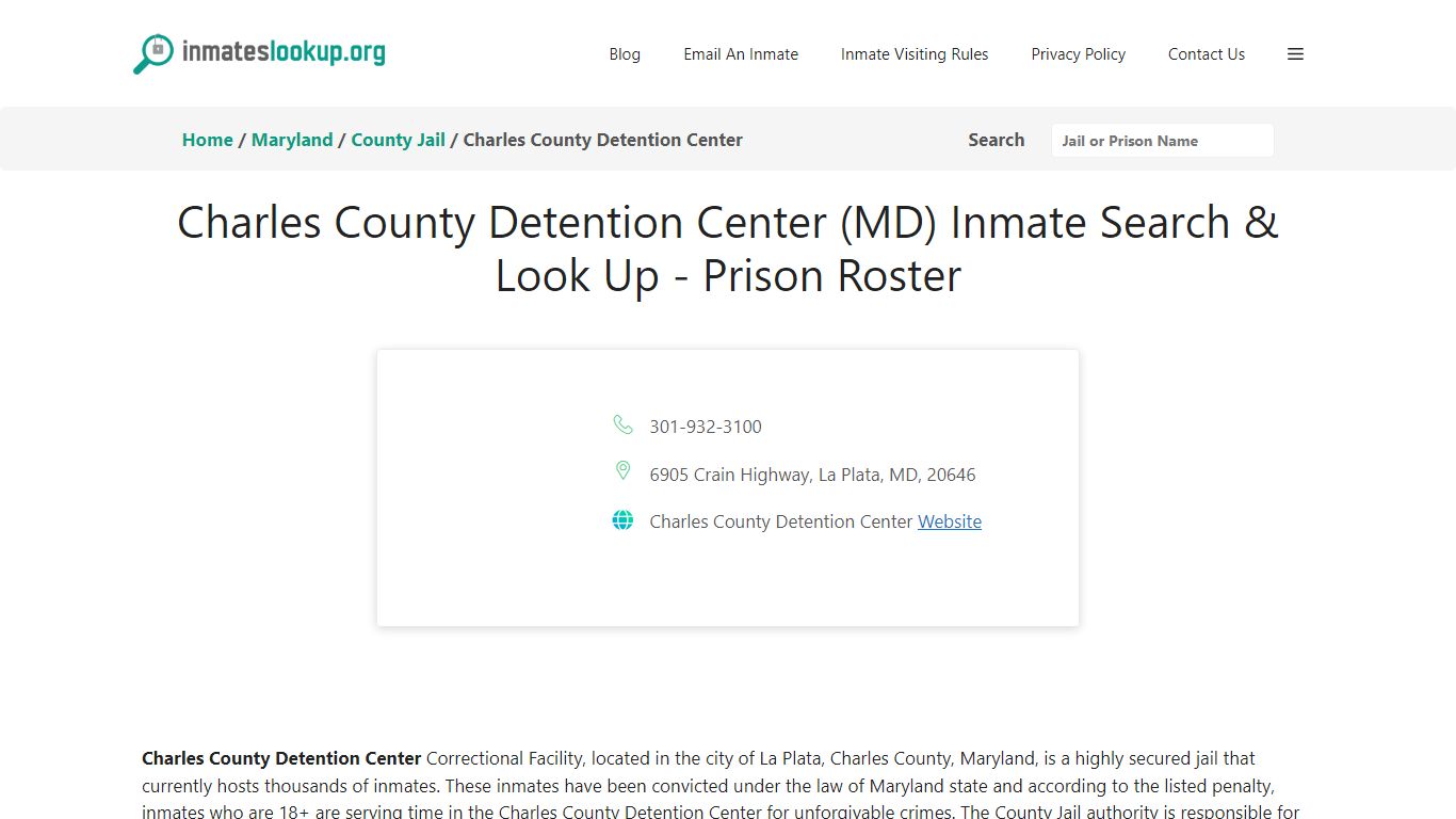Charles County Detention Center (MD) Inmate Search & Look Up - Prison ...