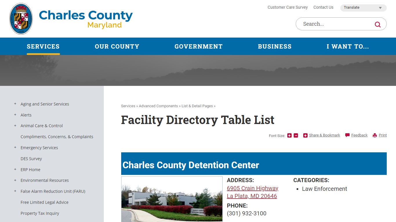 Facility Directory Table List | Charles County, MD